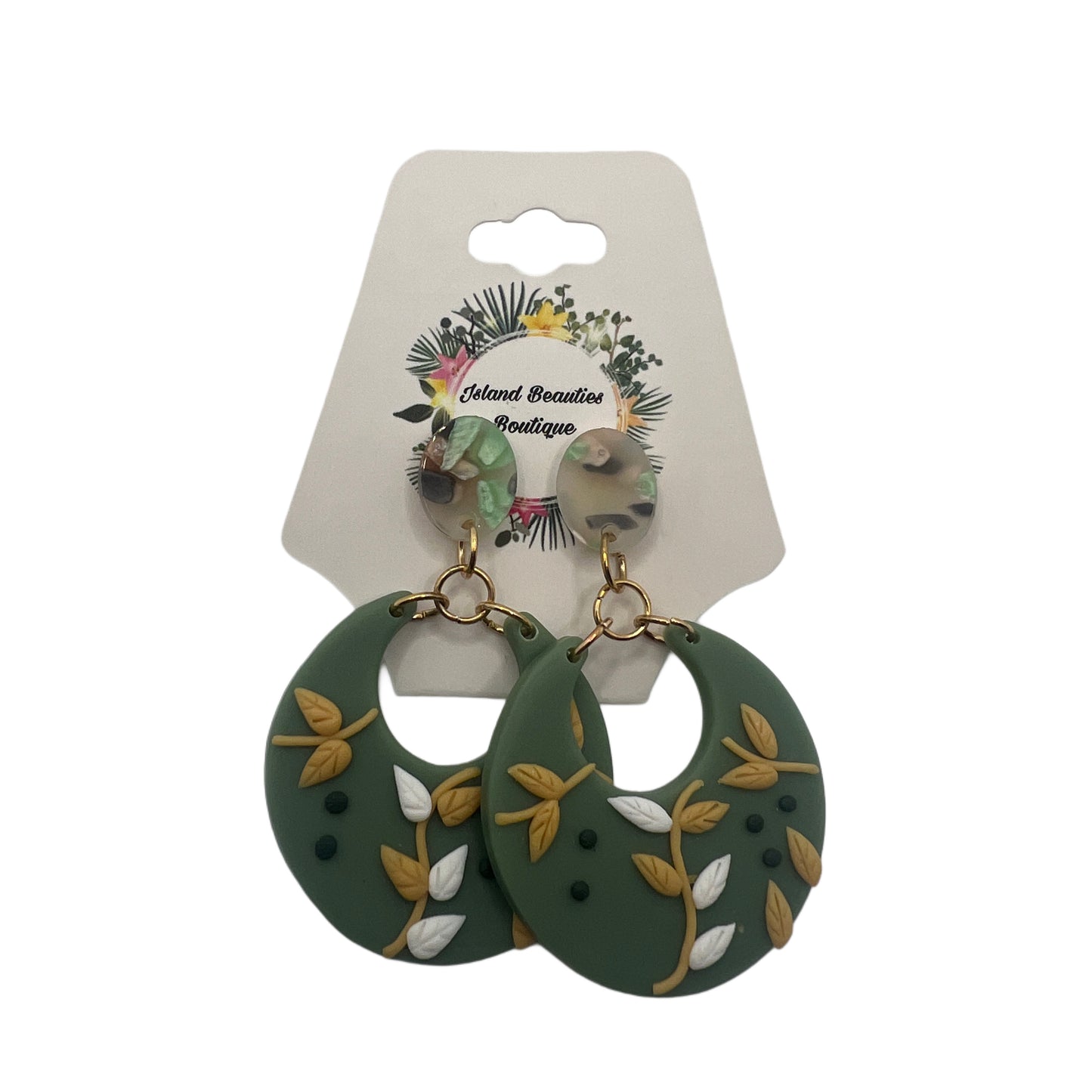 Green Floral Moon Earrings